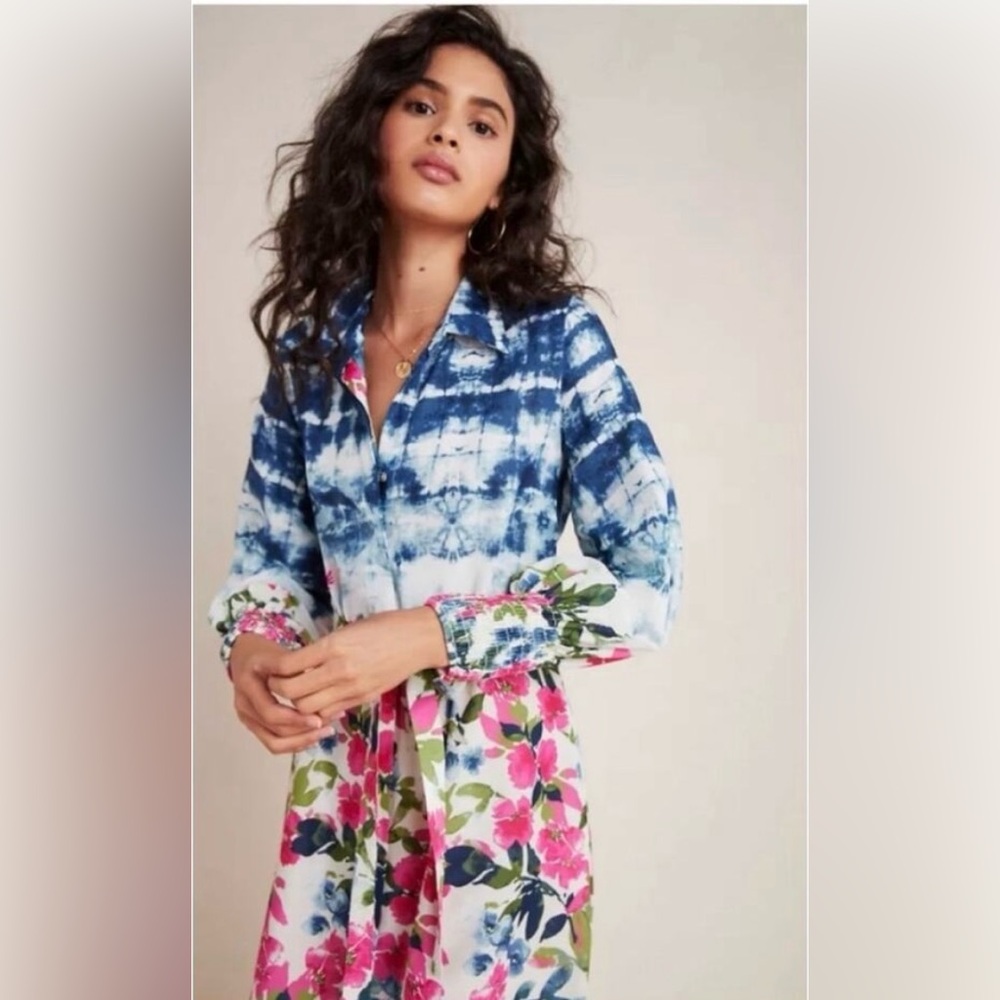 Misa Los Angeles Blue Tie-Dye Floral Maxi Dress WITH BELT! SIZE L